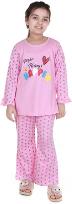 MMShopy Baby Girls Printed Pink Top & Pyjama Set