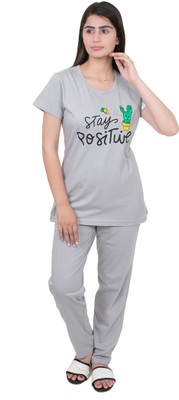 E-MAX Women Printed Grey Top & Pyjama Set