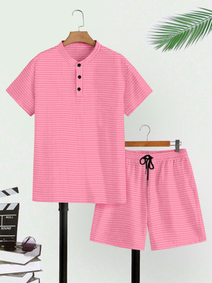 M7 By Metronaut Men Self Design Pink Night Suit Set