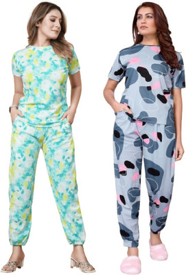 Anika Women Self Design Grey, Multicolor Night Suit Set