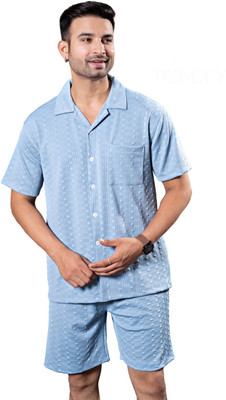GAMEPOINT Men Solid Blue Night Suit Set