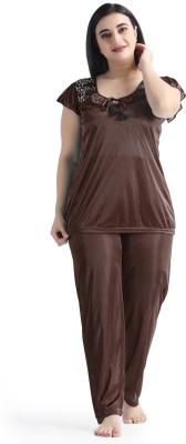 Night Heels Women Self Design Brown Top & Pyjama Set