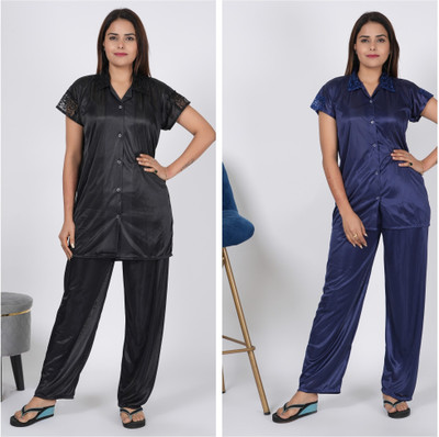 INSTRY Women Solid Black, Blue Night Suit Set