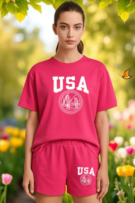 Elvia Women Printed Pink Top & Shorts Set