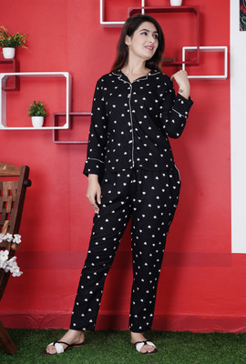 D K W Women Printed Black Night Suit Set