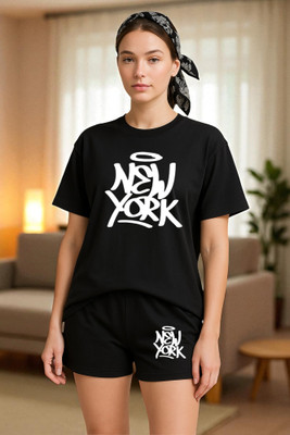 Elvia Women Printed Black Top & Shorts Set