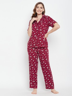 Clovia Women Floral Print Maroon Top & Pyjama Set