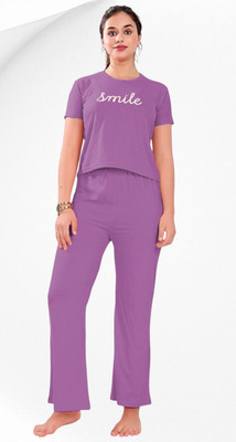 nityatrends Women Printed, Solid Blue Night Suit Set