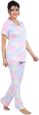 Qunity Women Printed Pink Night Suit Set