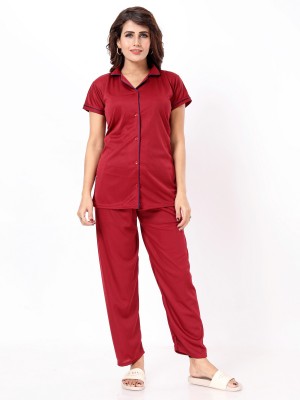 Vania's grace Women Solid Maroon Shirt & Pyjama set