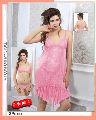 CRAFTWELL Women Solid Pink Night Suit Set