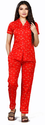 Foxy Women Printed Red Night Suit Set