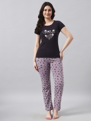 Sweettouch Women Printed Purple, Black Top & Pyjama Set