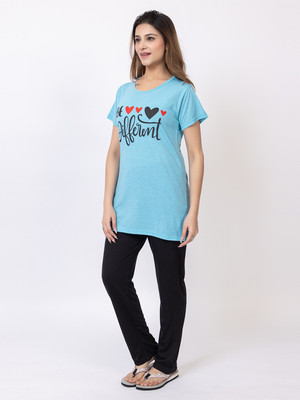 HANABY Women Printed Light Blue Top & Pyjama Set