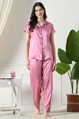 Kattly Women Solid Pink Shirt & Pyjama set