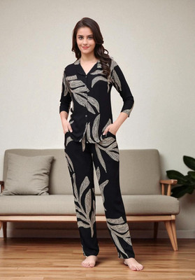 SYLUNE Women Printed Dark Blue Night Suit Set