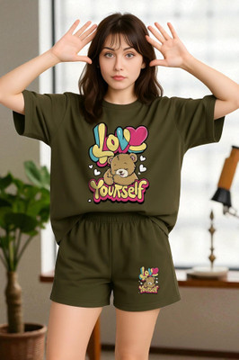 Elvia Women Printed Green Top & Shorts Set