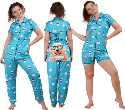 GuSo Shopee Women Self Design, Printed Blue Night Suit Set