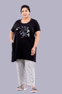 CUPID Women Printed Black, Grey Shirt & Pyjama set