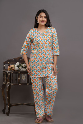 Krishna Vastrram Women Printed Orange, Blue Night Suit Set