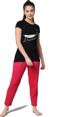 Fit N Fame Women Printed Black Top & Pyjama Set