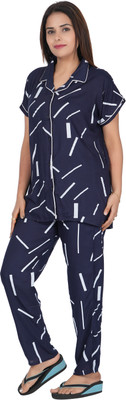 INSTRY Women Applique Dark Blue Night Suit Set