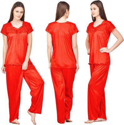 ROWENA Women Solid Red Top & Pyjama Set