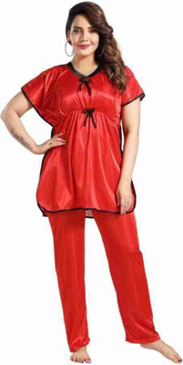HouseOfCommon Women Solid Red Night Suit Set