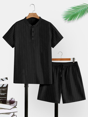 M7 By Metronaut Men Self Design Black Night Suit Set