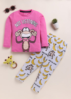 Lazy Shark Girls Printed Pink Night Suit Set