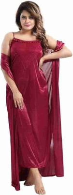 HouseOfCommon Women Solid Maroon Night Suit Set