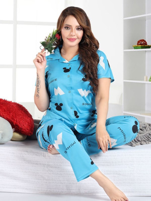 Qunity Women Printed Blue Night Suit Set