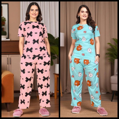 FASHION GREAB Women Printed Pink Top & Pyjama Set