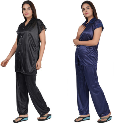 INSTRY Women Solid Black, Blue Night Suit Set