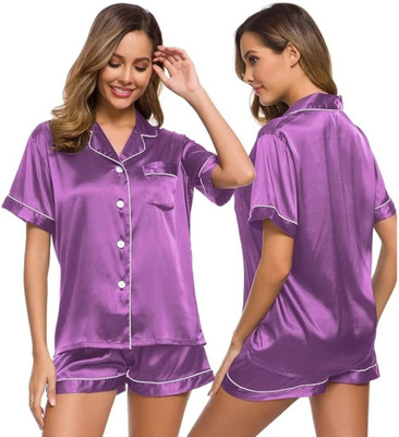 Vd hub Women Solid Purple Night Suit Set