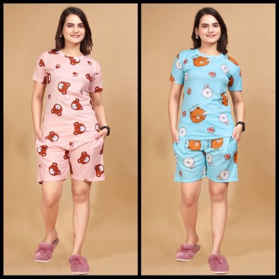 FASHIONGRAB Women Printed Pink, Blue Night Suit Set