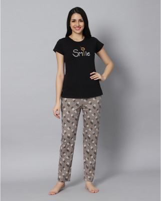DZZO Women Printed Black, Grey Top & Pyjama Set