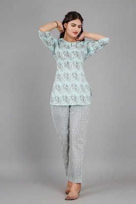 SAYANG Women Printed Blue, Grey Top & Pyjama Set