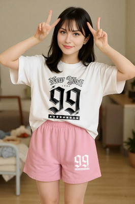 Elvia Women Printed Pink Top & Shorts Set