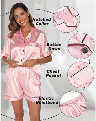 Vd hub Women Solid Pink Night Suit Set