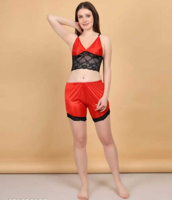 zevibo Women Solid Maroon Top & Shorts Set