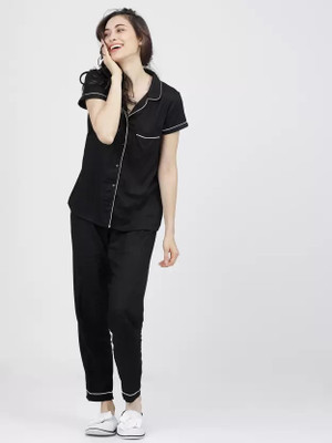 PINKPERRY Women Printed Black Shirt & Pyjama set