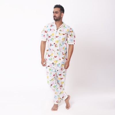 Sleepytots Men Printed White Night Suit Set