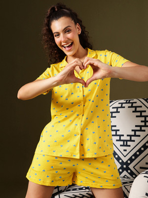 Clovia Women Graphic Print Yellow Top & Shorts Set