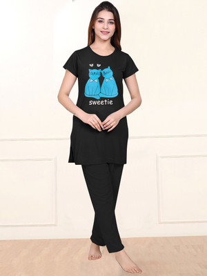 Nxtwin Women Printed Black Top & Pyjama Set
