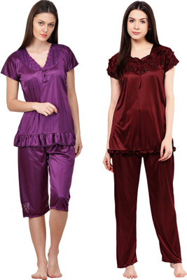 ROWENA Women Solid Multicolor Top & Pyjama Set
