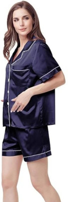 Vd hub Women Solid Dark Blue Night Suit Set
