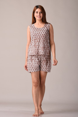 Kriftee Women Floral Print Brown Night Suit Set