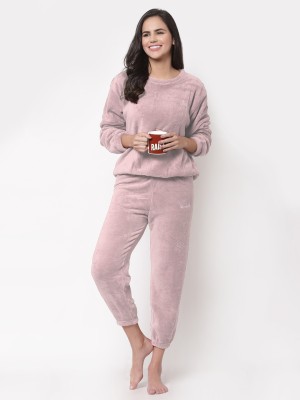 Klotthe Women Solid Pink Night Suit Set