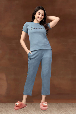 PTELRA Women Printed Light Blue Night Suit Set